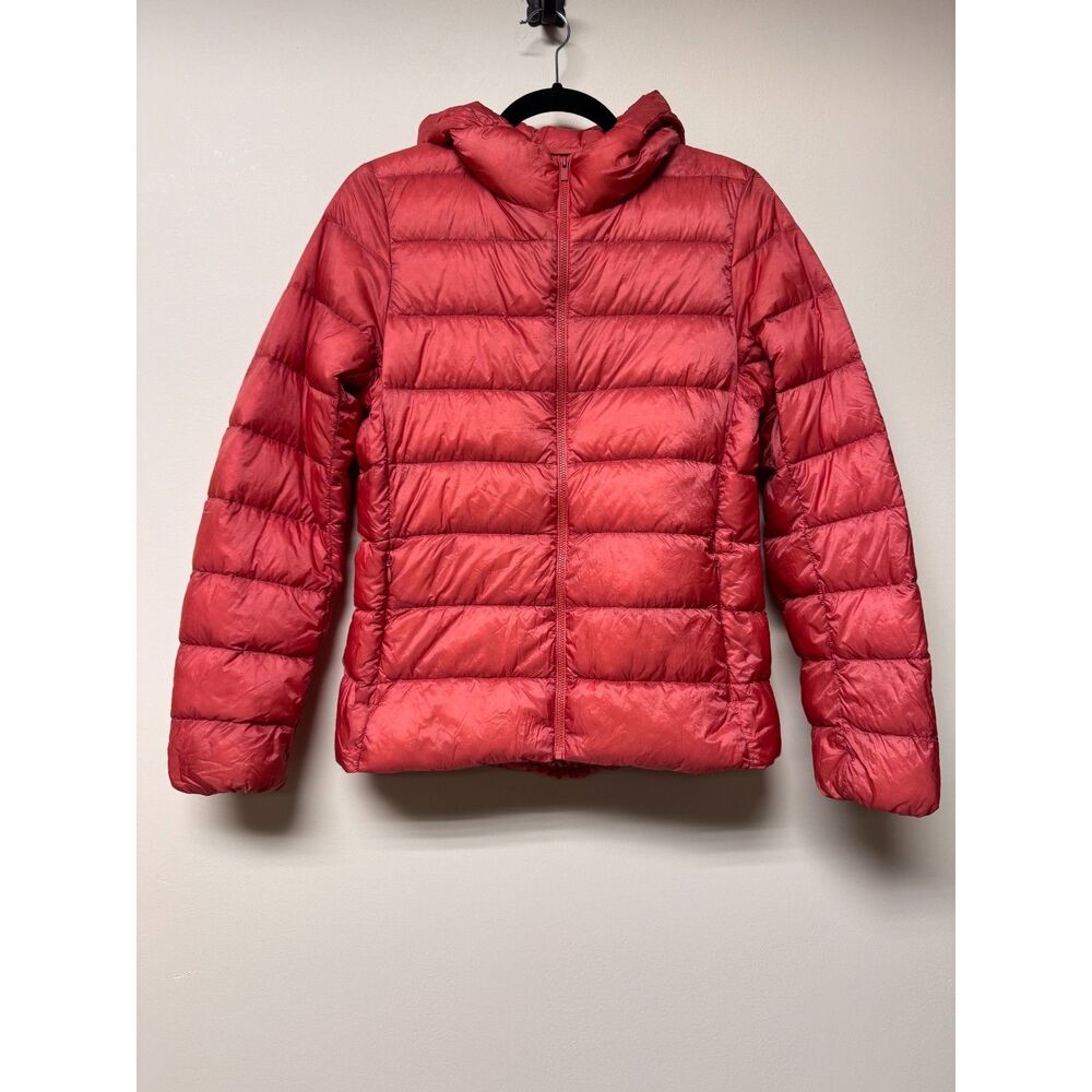 UNI QLO Ultra Light Packable Down Zip Front Hooded Jacket, Orange, Sz S